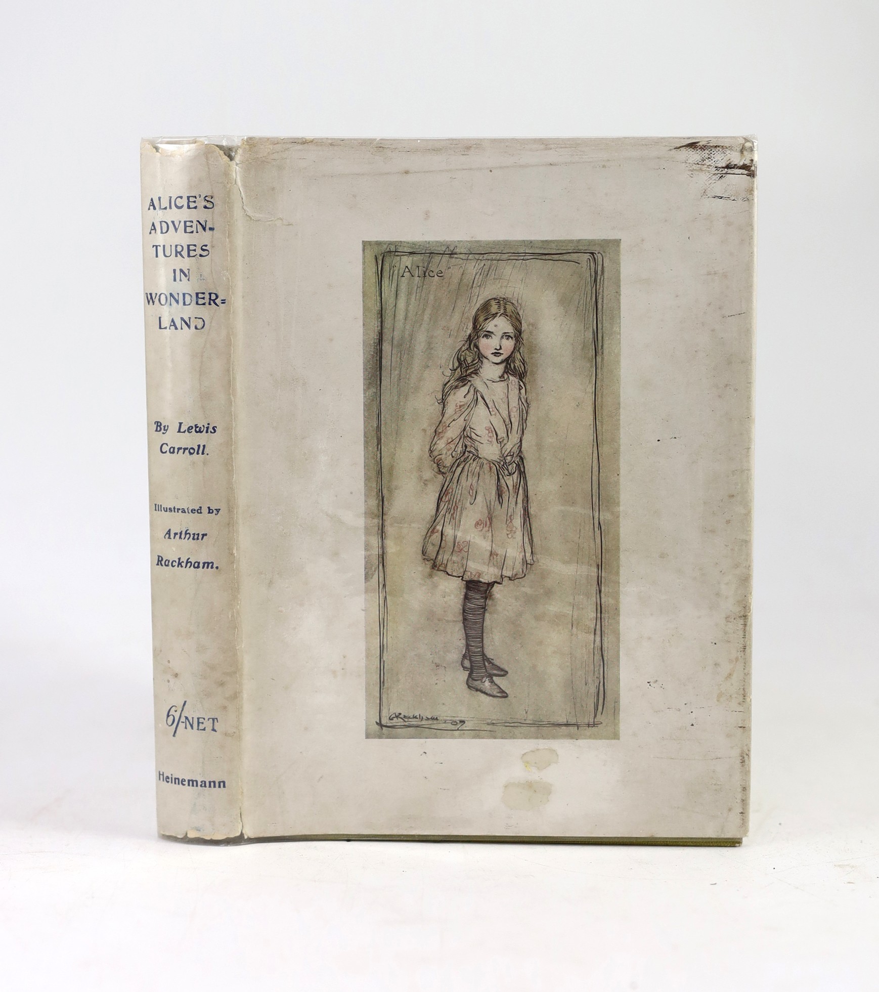 Rackham, Arthur - Rare Early Dustwrapper - Carroll, Lewis - Alice’s Adventures in Wonderland, 1st illustrated edition by Arthur Rackham, 8vo, original green cloth with black lettering and a gilt vignette of a dancing gri